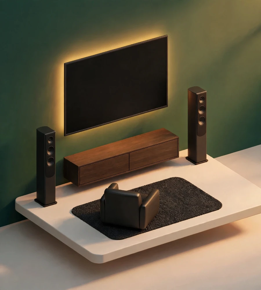 Home cinema setup showing a flat screen TV and speakers in a living room
